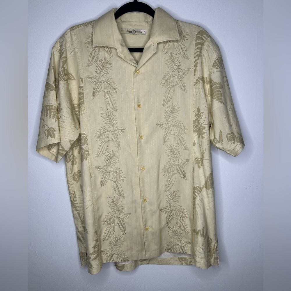Tommy Bahama Shirt Men's Yellow 100% Silk Floral Button Up Short Sleeve